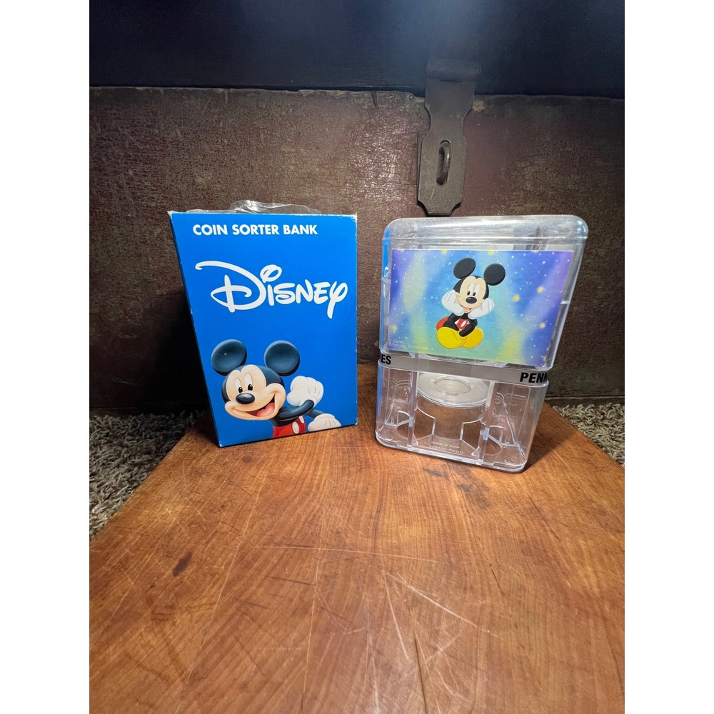 VTG Disney Mickey Mouse Coin Sorter Bank Clear Plastic Spiral Manual Giftco NIB